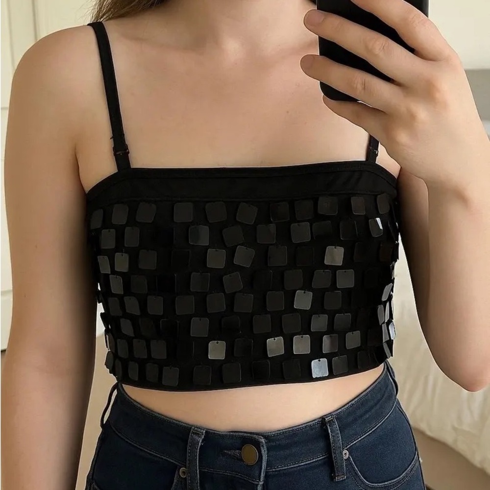House of Harlow 1960 Black Square Embellished Crop Top